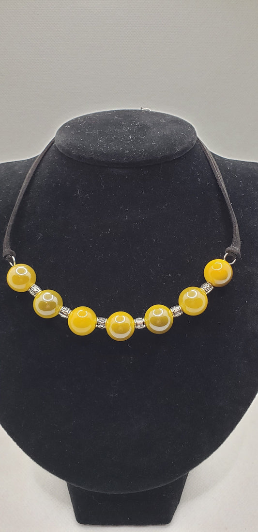 Yellow Metalic Large Beaded Choker Suede