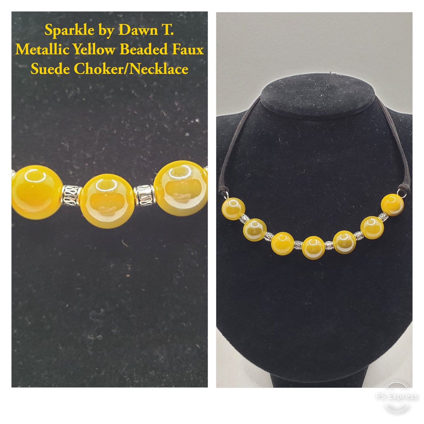 Yellow Metalic Large Beaded Choker Suede