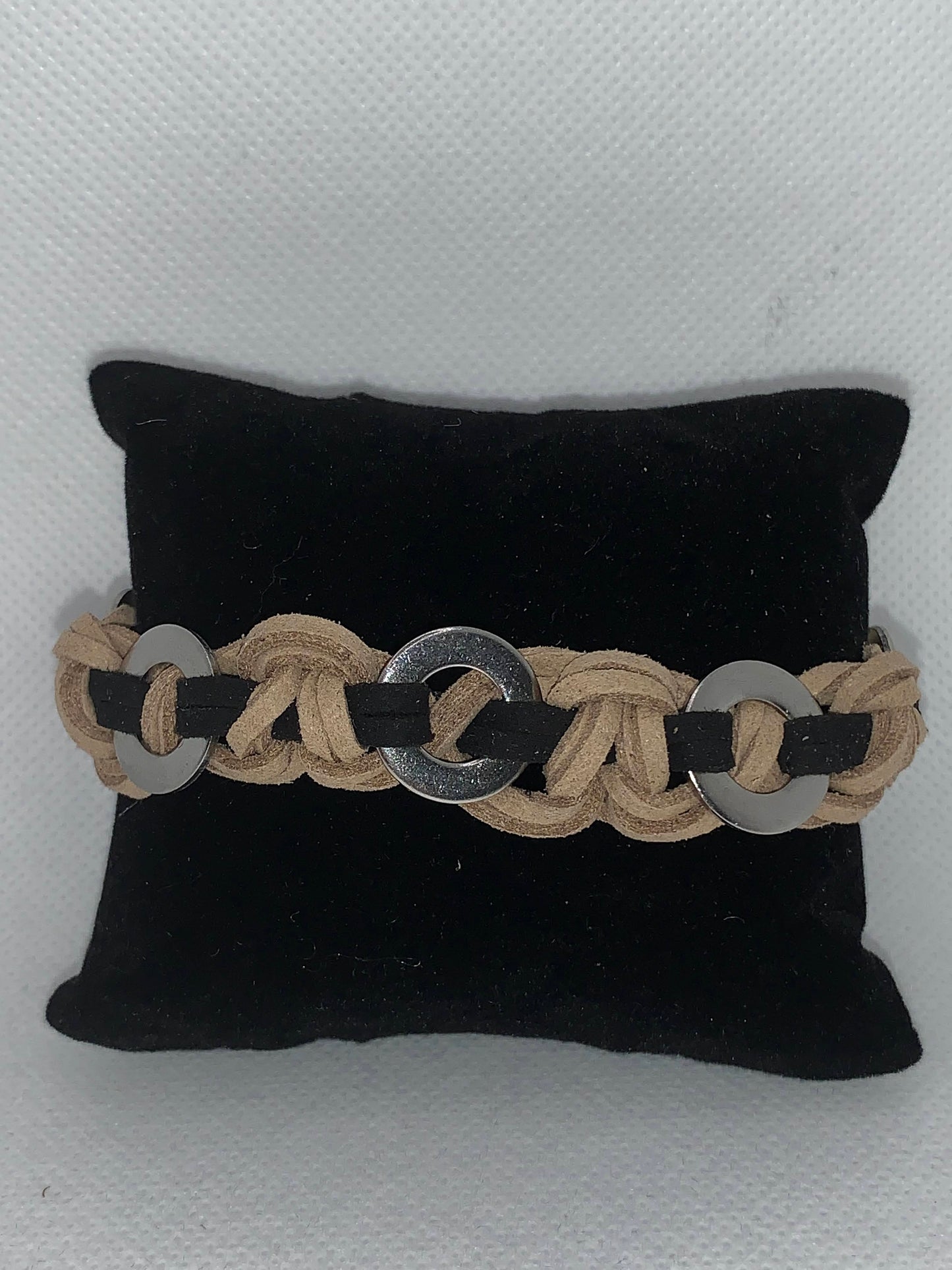 Tan and Black Silver Braided Suede Bracelet