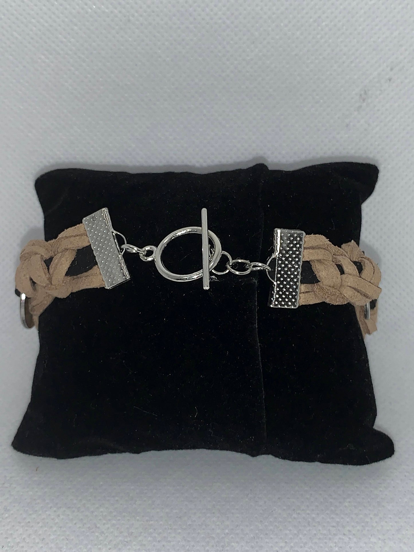 Tan and Black Silver Braided Suede Bracelet