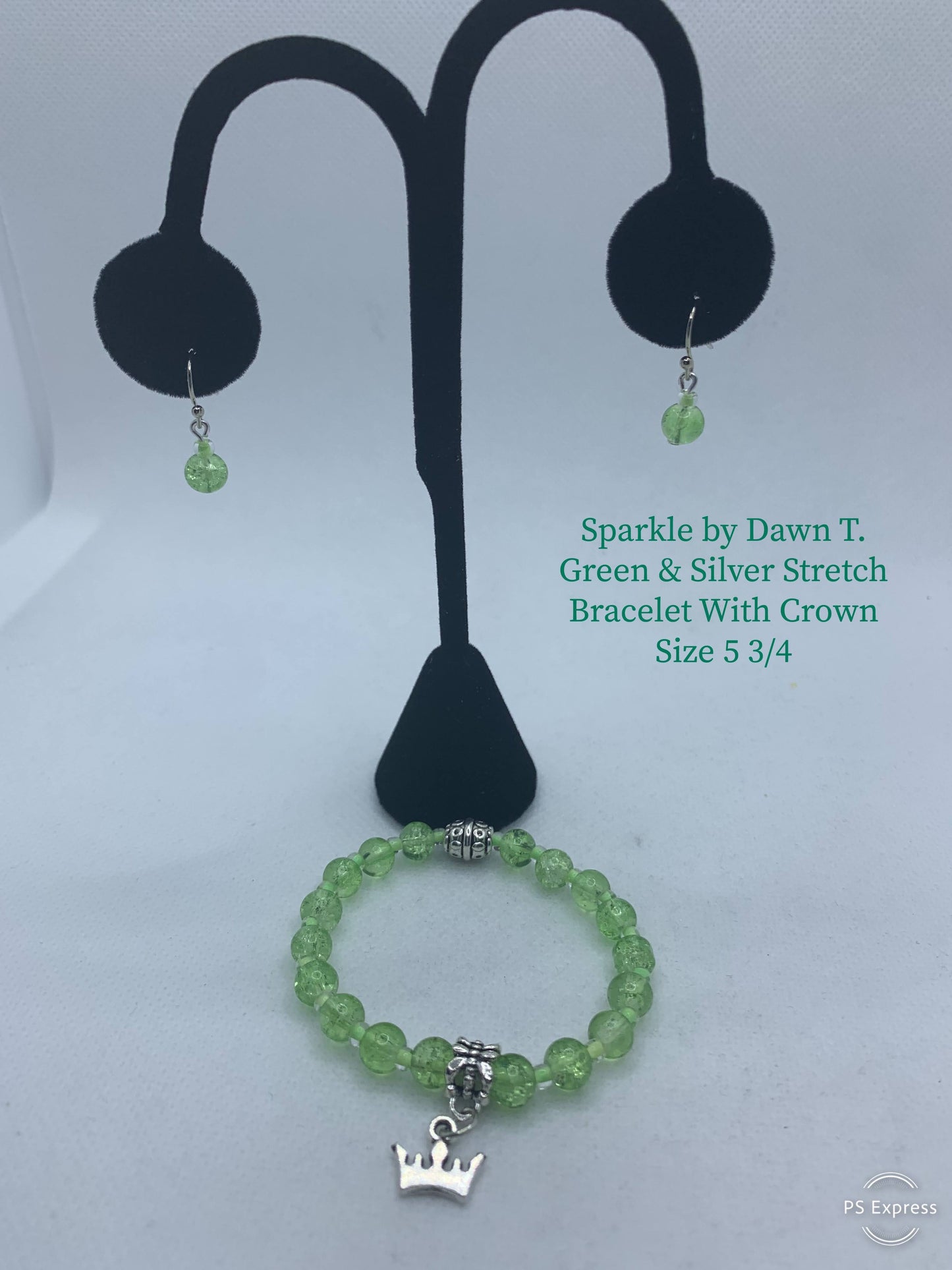 Child's Light Green and Silver Stretch Bracelet with Crown and Earring Set