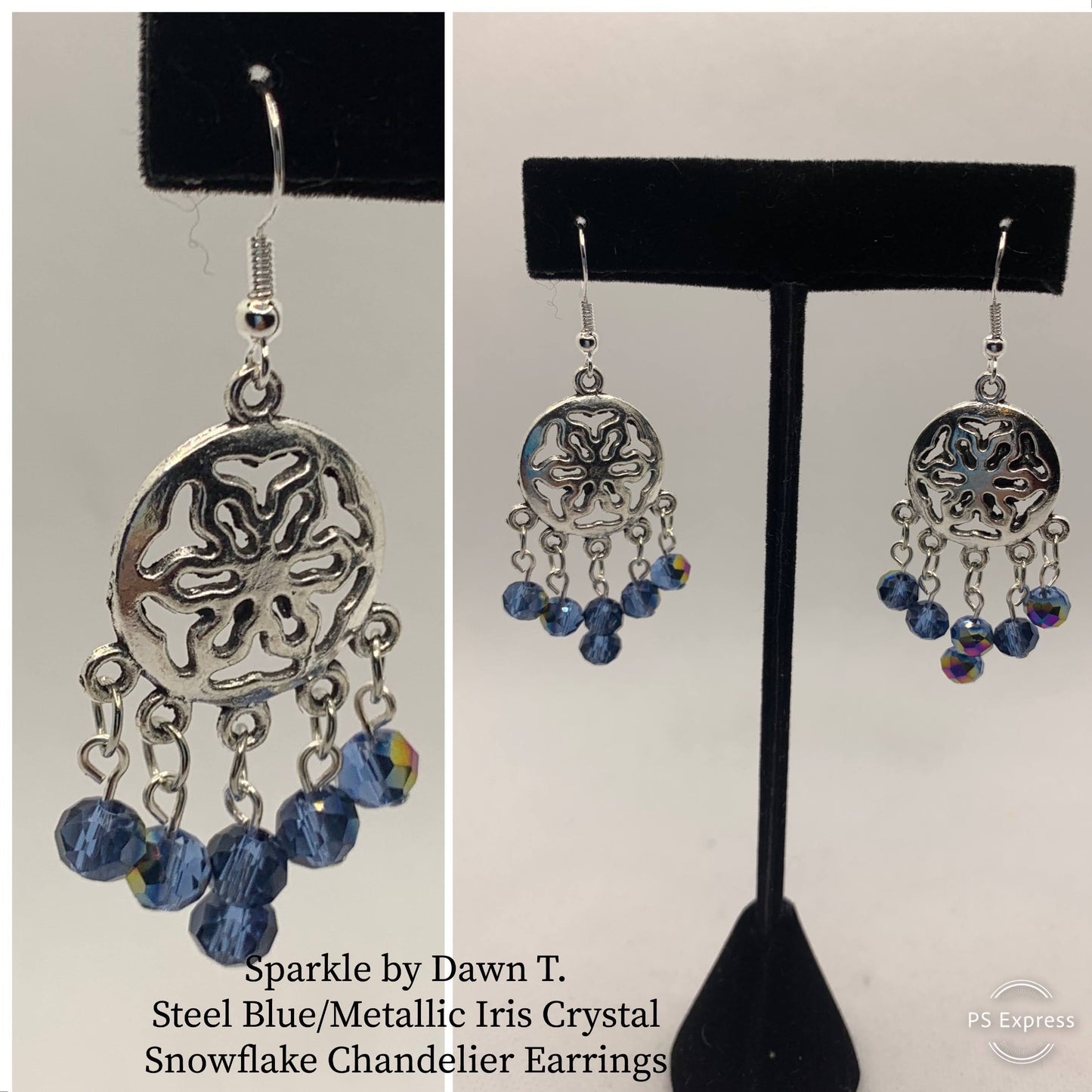 Steel blue, metallic iris crystal snowflake chandelier earrings