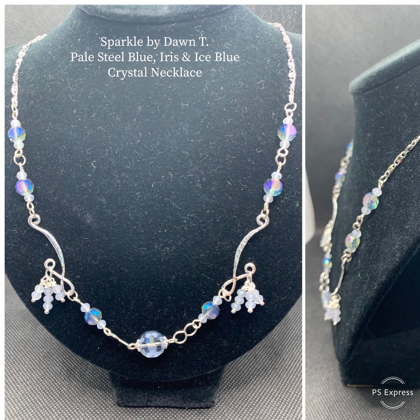 Pale Steel blue, iris and ice blue crystal necklace, earrings and bracelet set Size 7