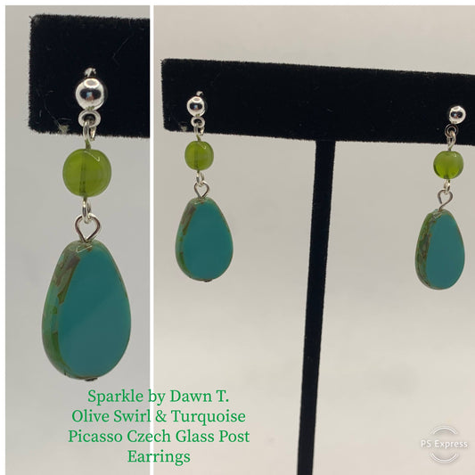 Olive Swirl and Turquoise Picasso Czech Glass Post Earrings