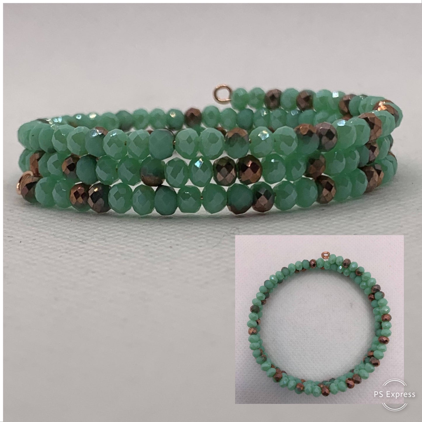 Opaque Green and metallic with green turquoise wrap bracelet and Earrings