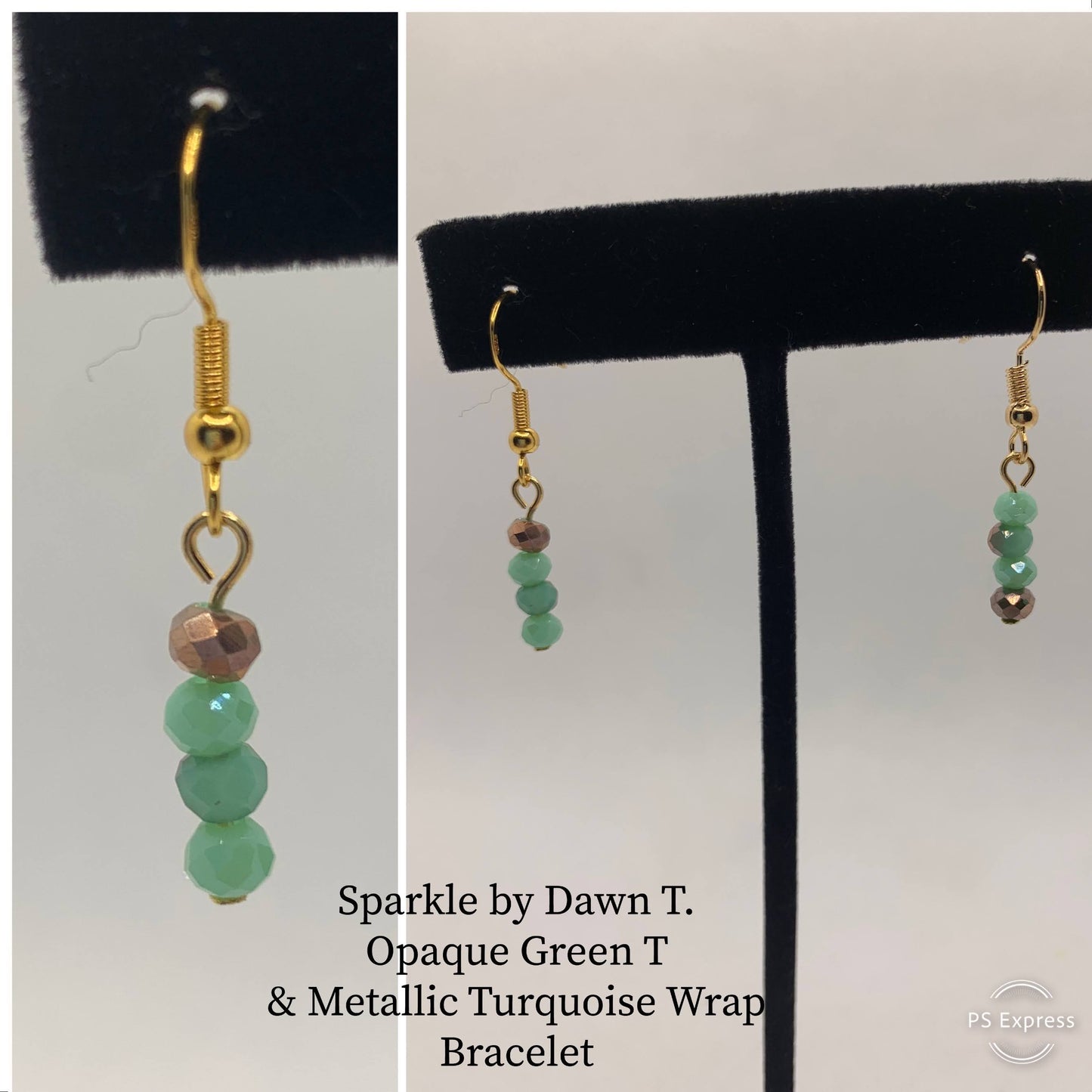 Opaque Green and metallic with green turquoise wrap bracelet and Earrings