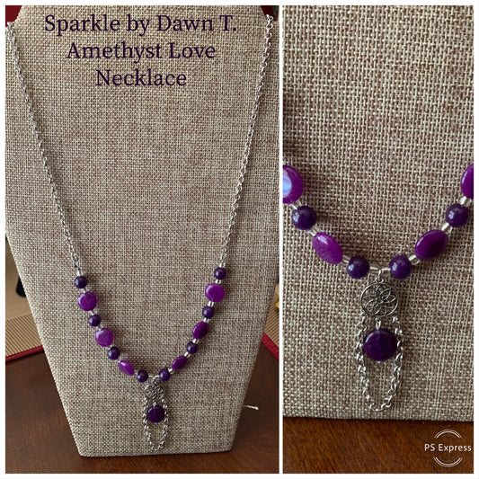 Amethyst love necklace flat and round amethyst color beads with flat bead and silver chain focal and matching earrings