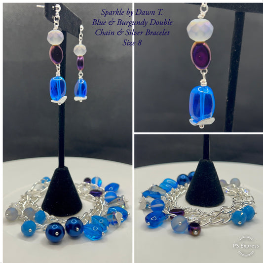 Blues, Burgundy and silver double-layer chain bracelet and earrings