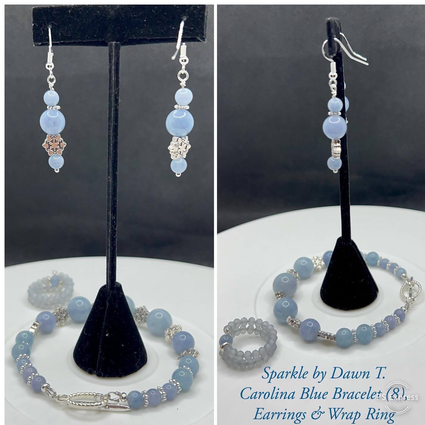 Carolina blue and silver snowflakes bracelet - Size 8, wrap ring and earrings