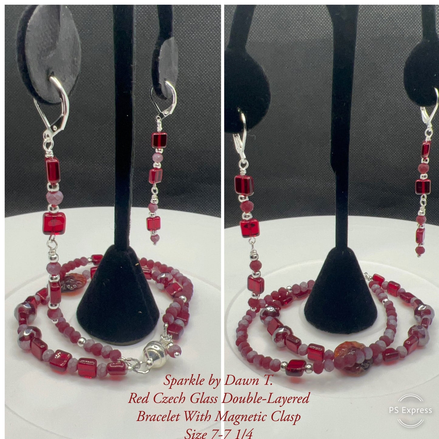 Red Coin with red mini beads double-layer bracelet Size 7 and earrings