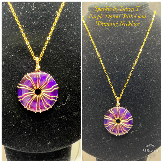 Dark Purple with gold wrap donut pendant necklace