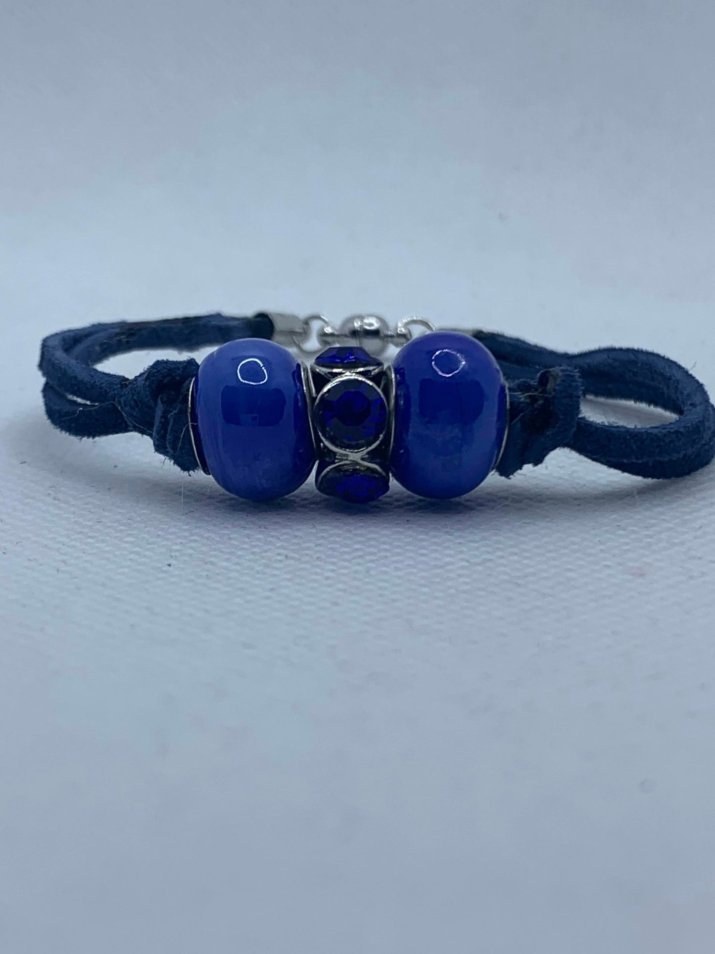 Blue Suede with Duke Blue Beads Bracelet with magnetic clasp