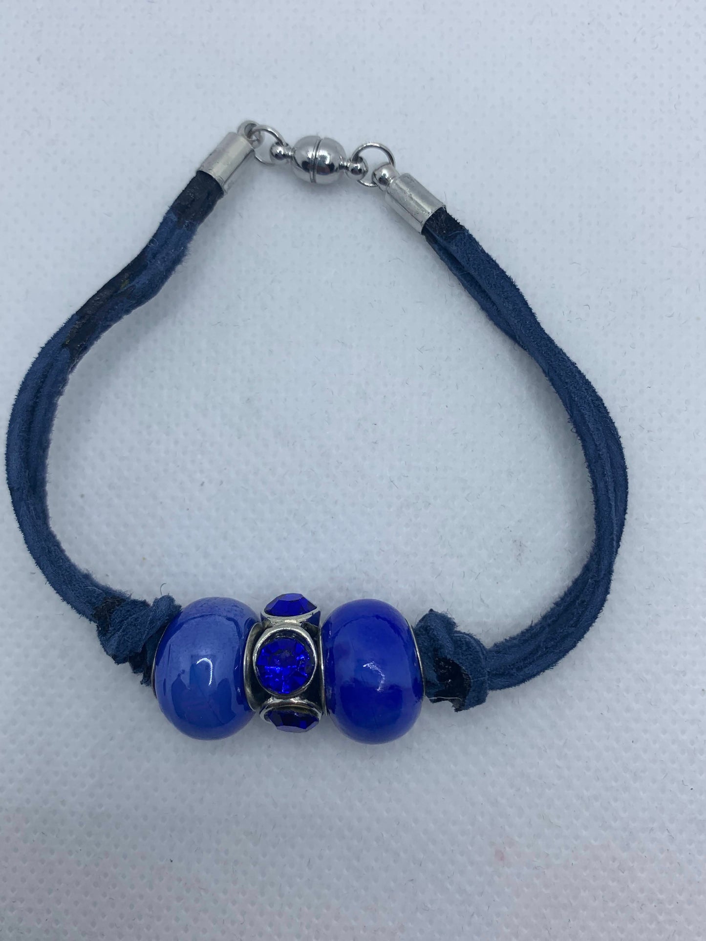 Blue Suede with Duke Blue Beads Bracelet with magnetic clasp