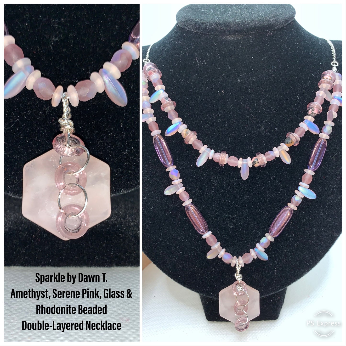 Lavenders, light pink hexagon focal double-layer necklace and earrings