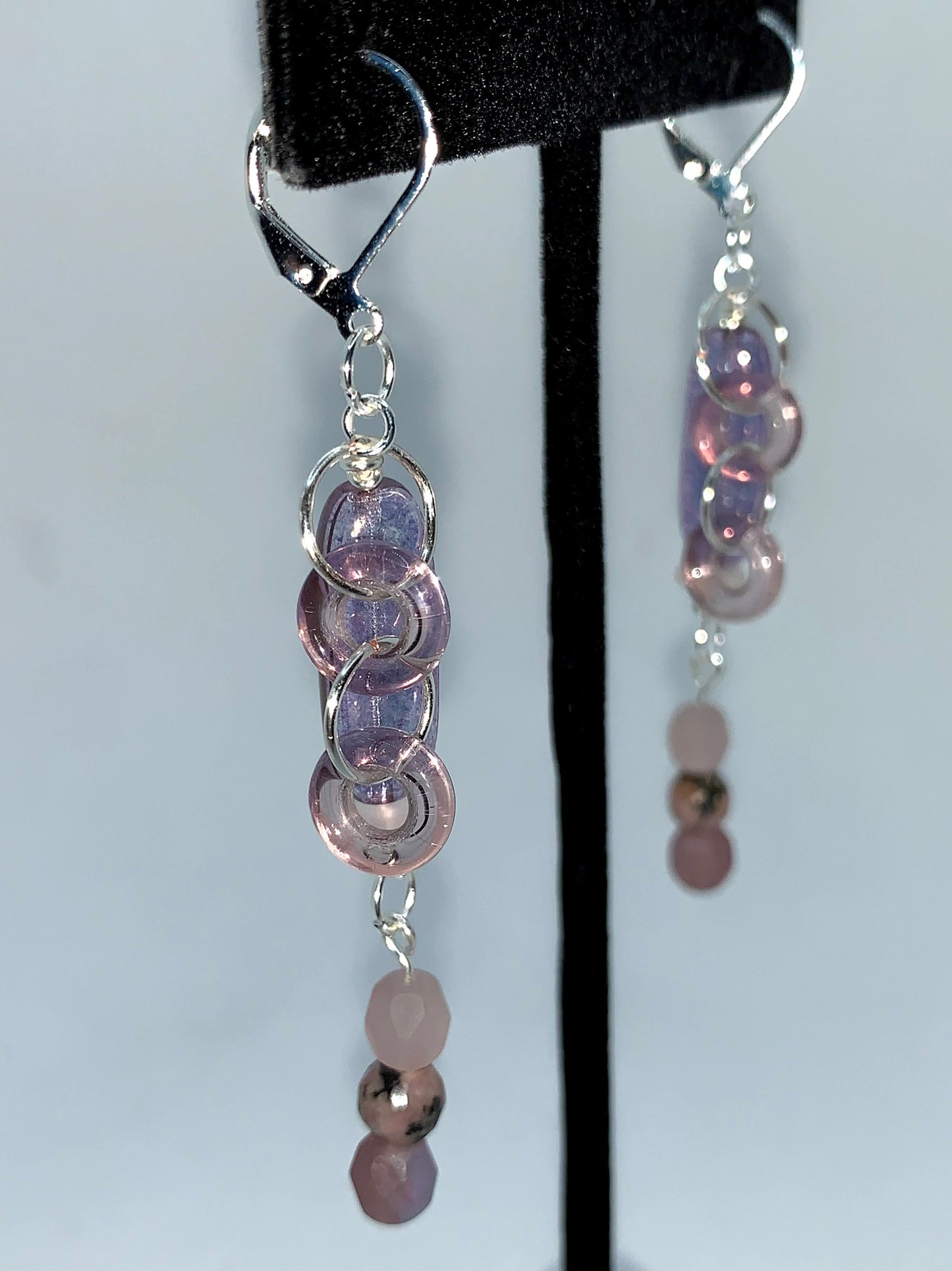 Lavenders, light pink hexagon focal double-layer necklace and earrings