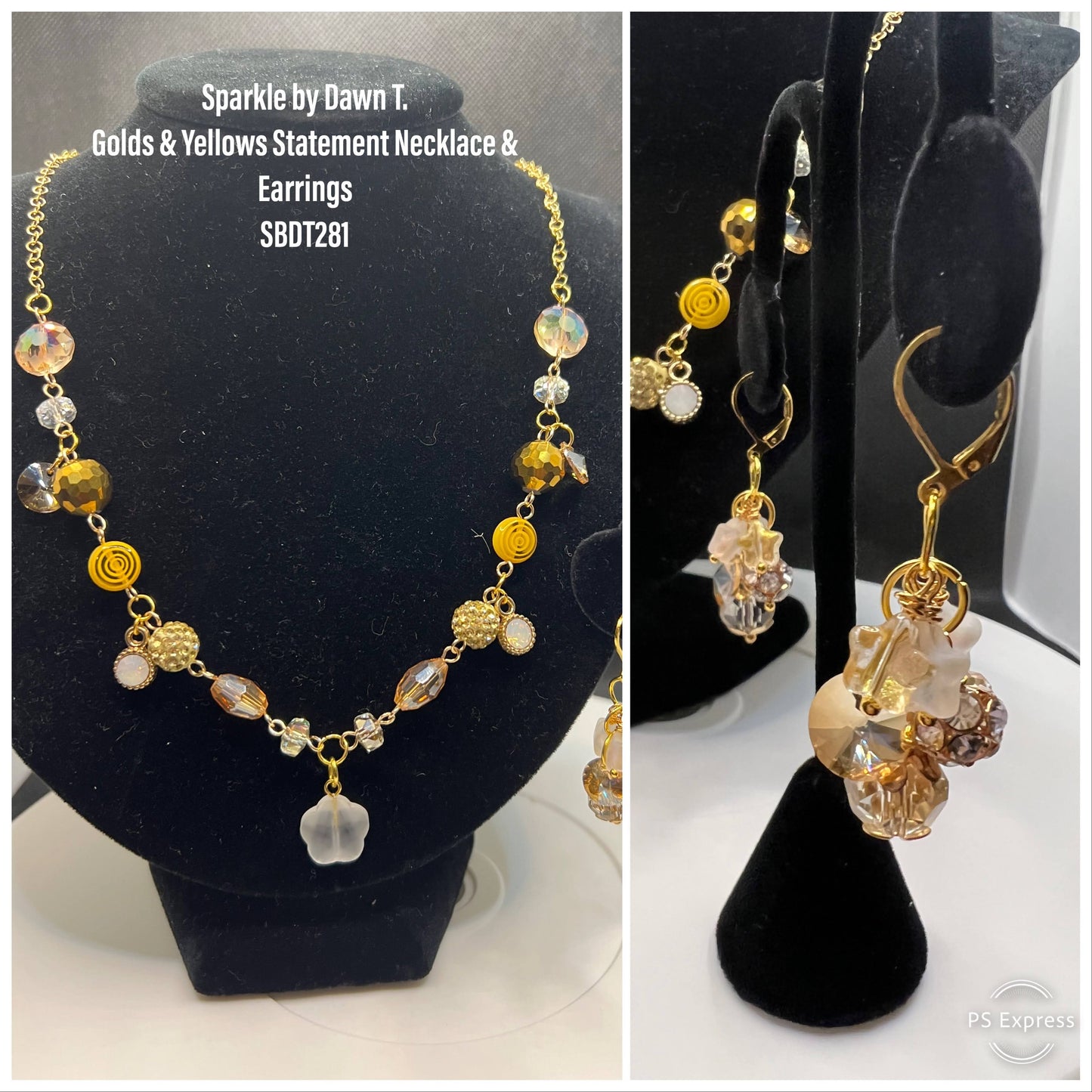 Gold with yellow swirl and white clover focal necklace 21in and earrings