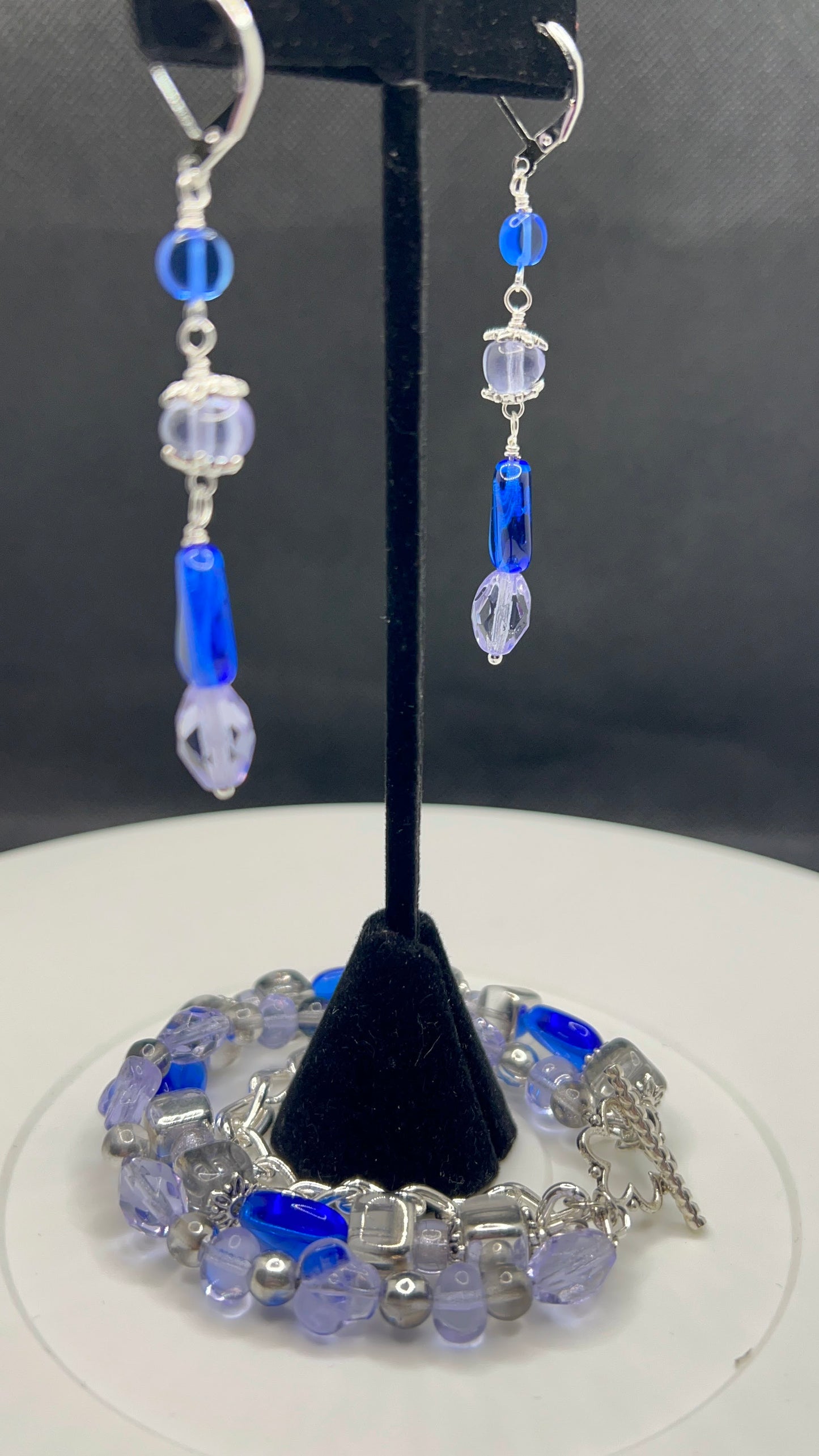 Lavender, Blue, Silver Triple Layer with Chain Bracelet Size 6 3/4 and Matching Earrings