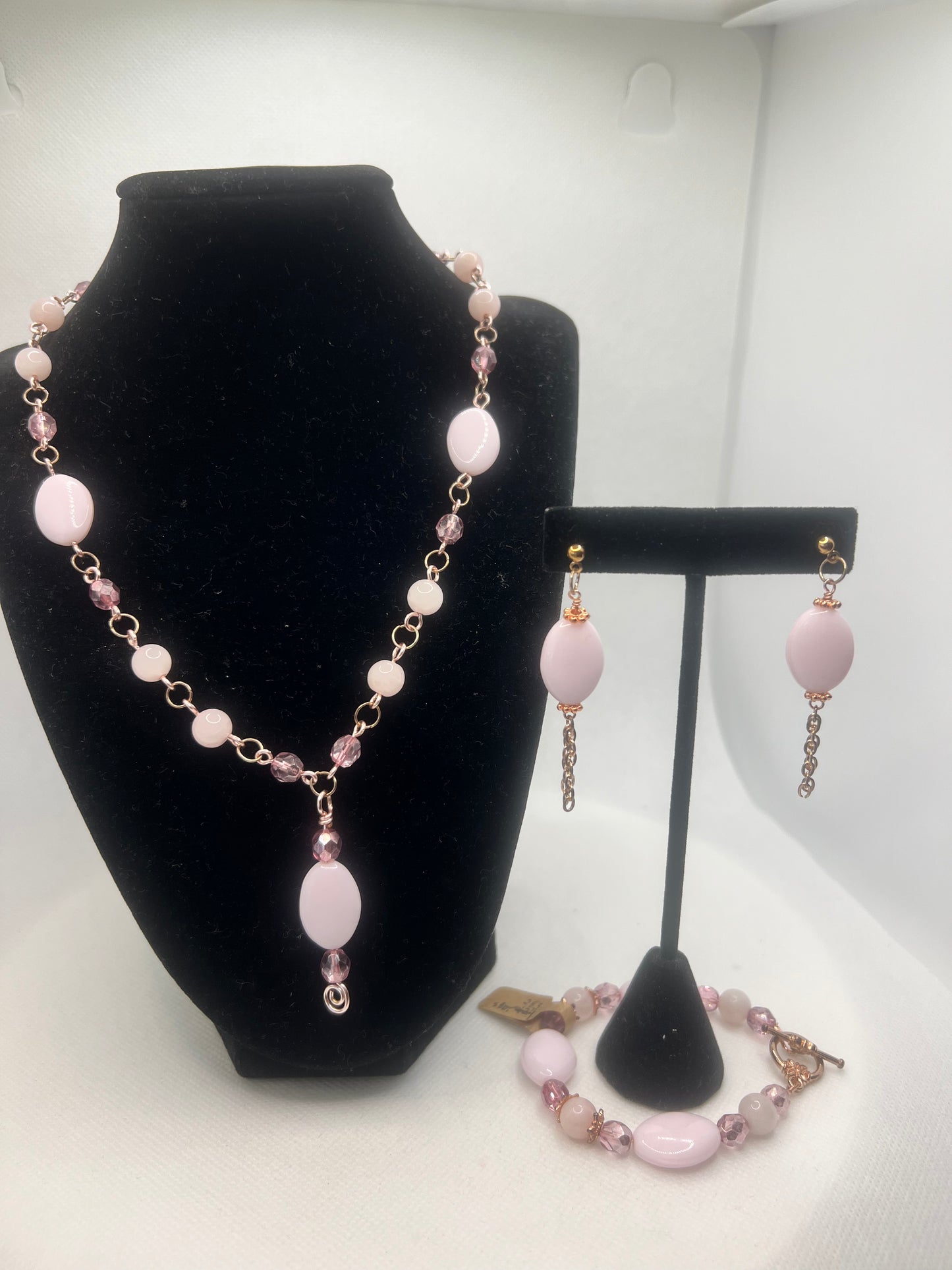 Rose Quartz, Pink Oval Czech Glass and Fuchsia Metallic Crystal Czech Glass and Rose Gold Necklace, bracelet and Earrings