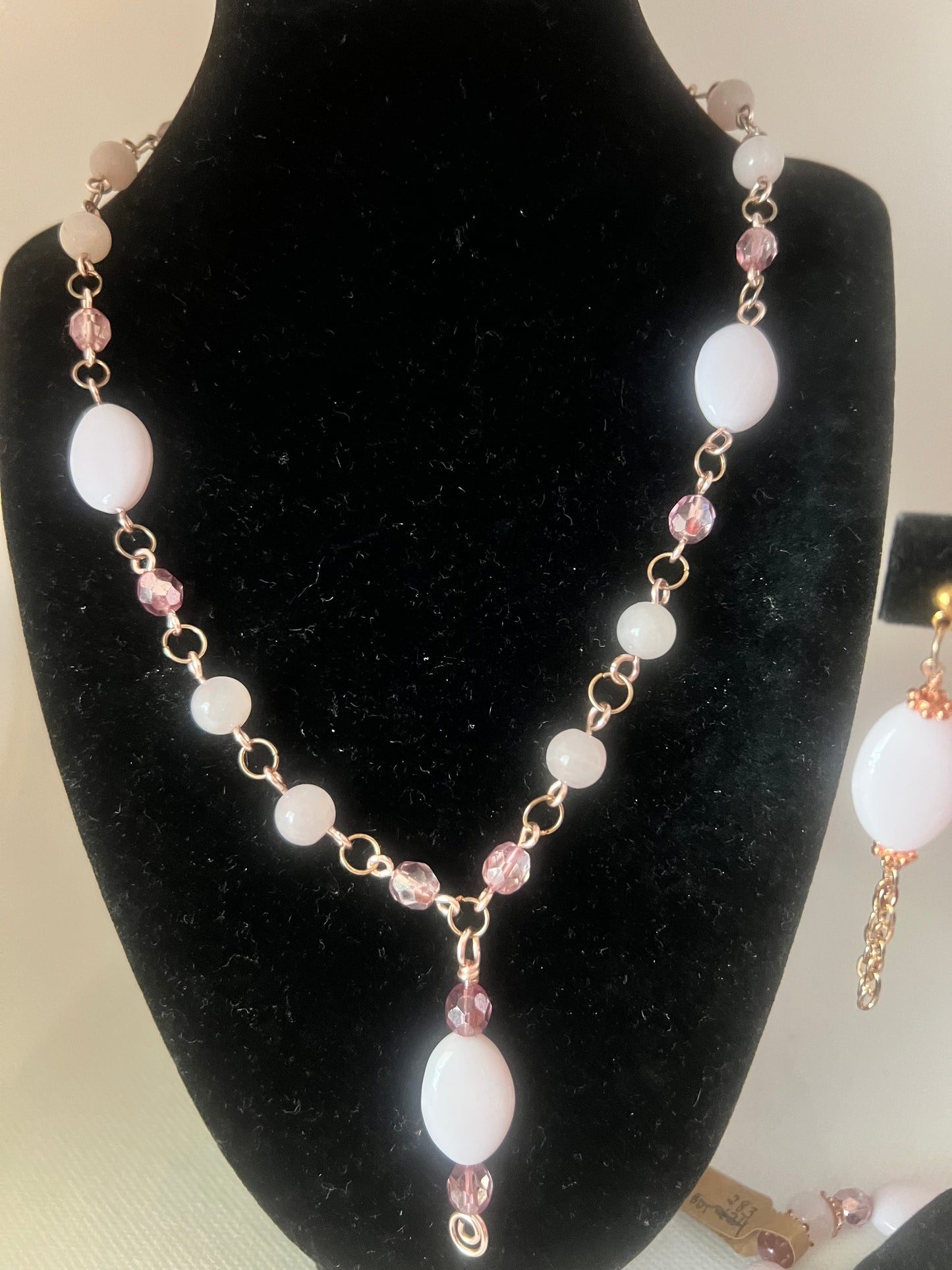 Rose Quartz, Pink Oval Czech Glass and Fuchsia Metallic Crystal Czech Glass and Rose Gold Necklace, bracelet and Earrings