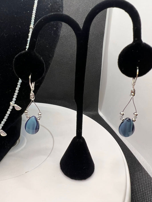 Aquamarine, frozen lake pear brio and Silver moon phase charm necklace and earrings