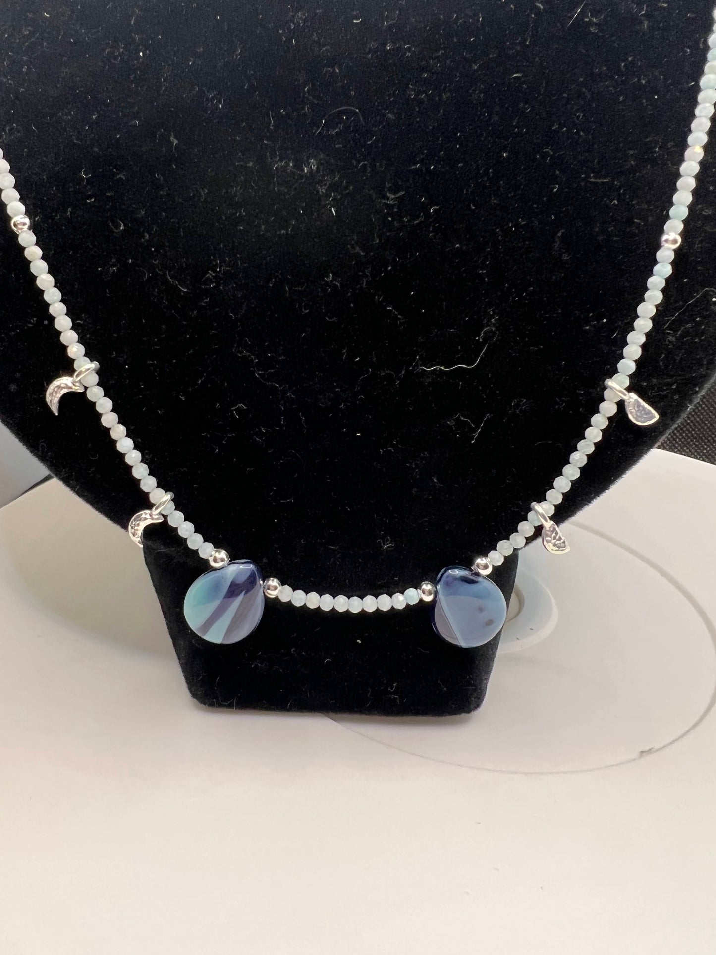 Aquamarine, frozen lake pear brio and Silver moon phase charm necklace and earrings