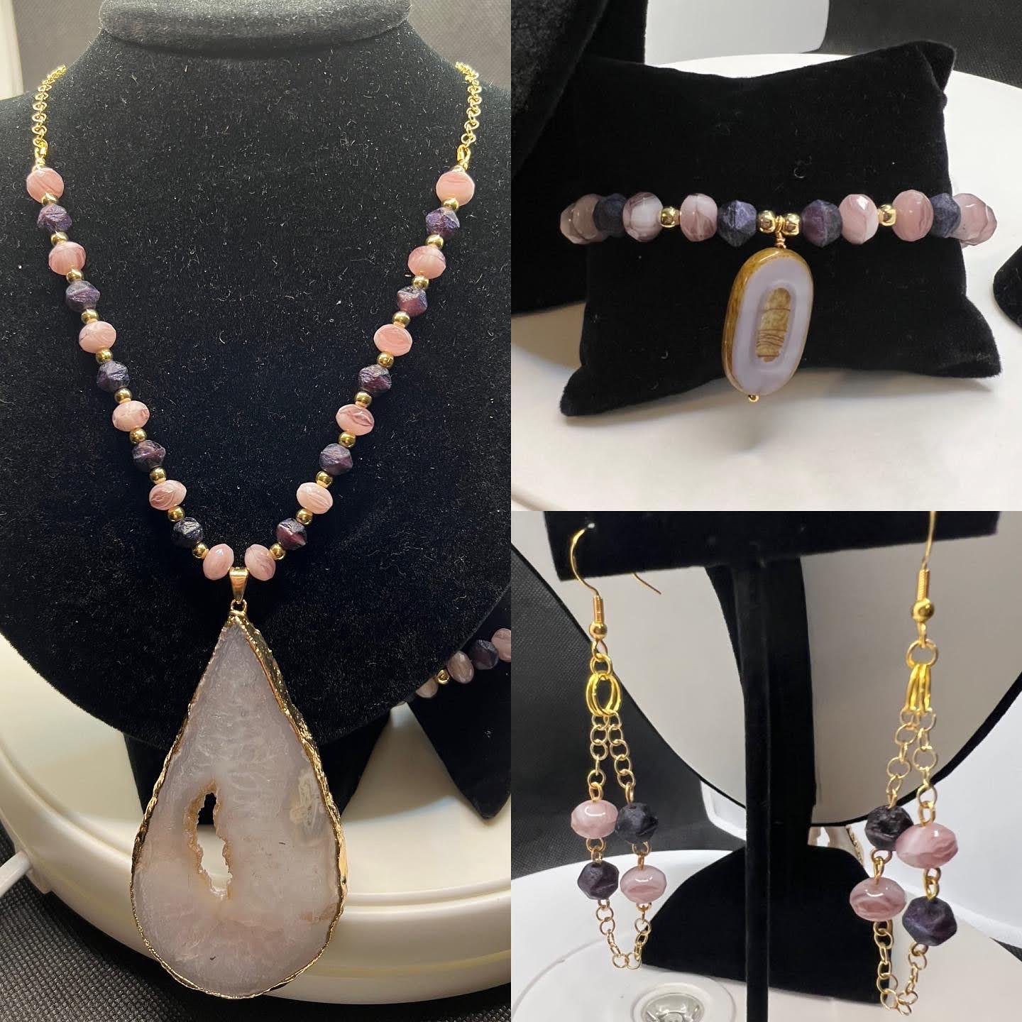 Lavender Dream and Blueberry Jam Czech Glass with gold and large Quartz pendant necklace, bracelet and earrings