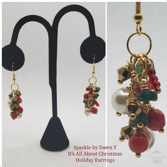 It's All About Christmas Holiday Earrings pearls, red beads, gold beads and jade heishi