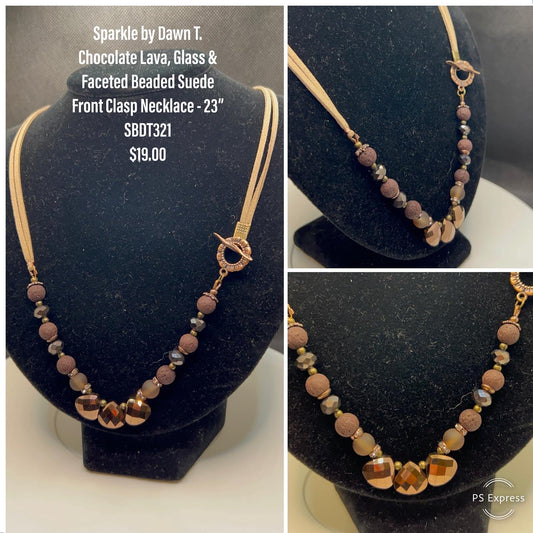 Chocolate lava, glass and Faceted beaded necklace with suede