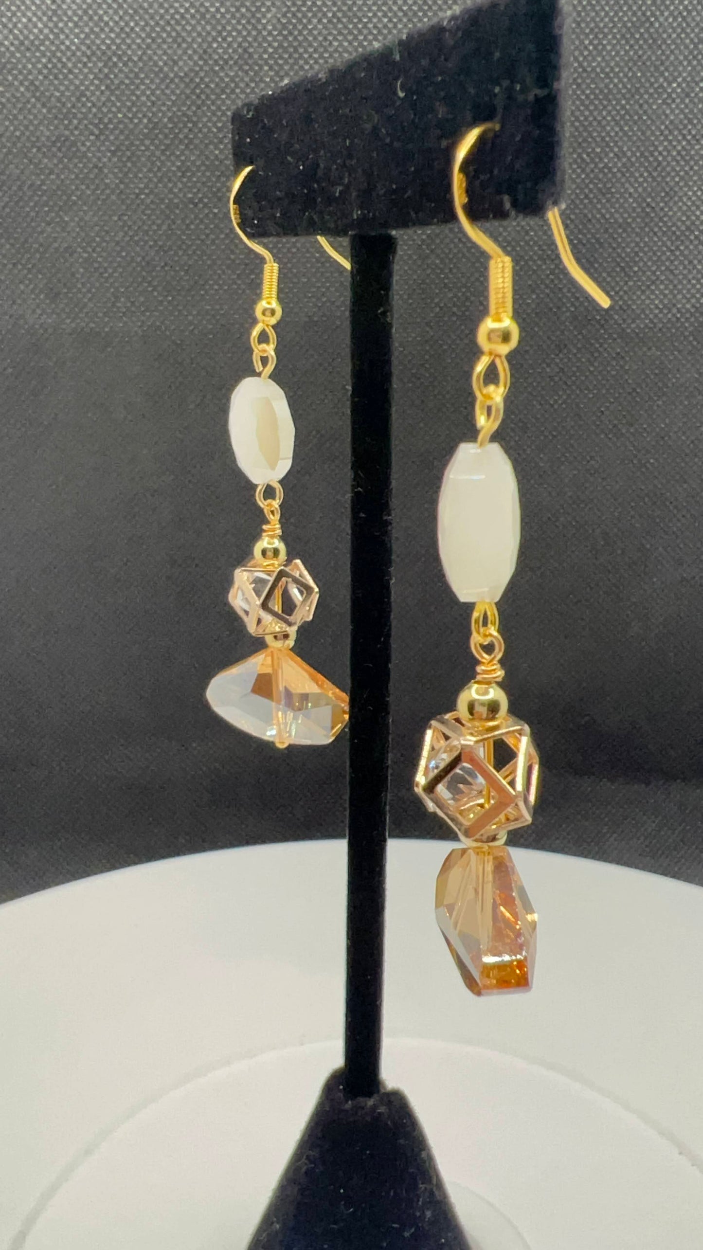 Champaign, Caged crystal and white dangle earrings