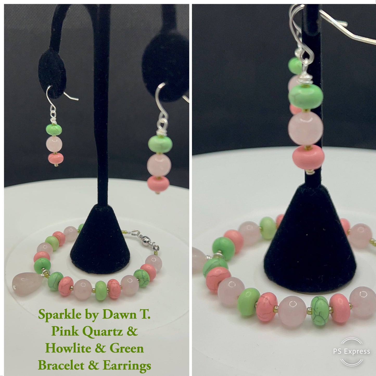 Pink and Green Quartz bracelet with magnetic closure and earrings