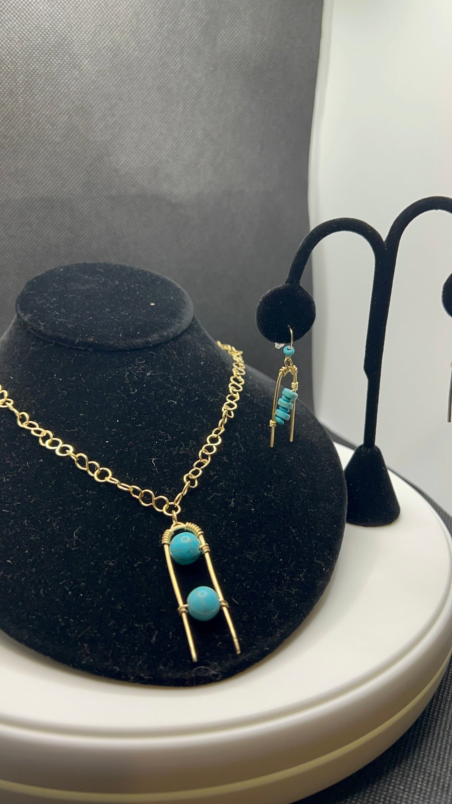 Handmade Brass Chain and Pendant with turquoise howlite 17in and earrings