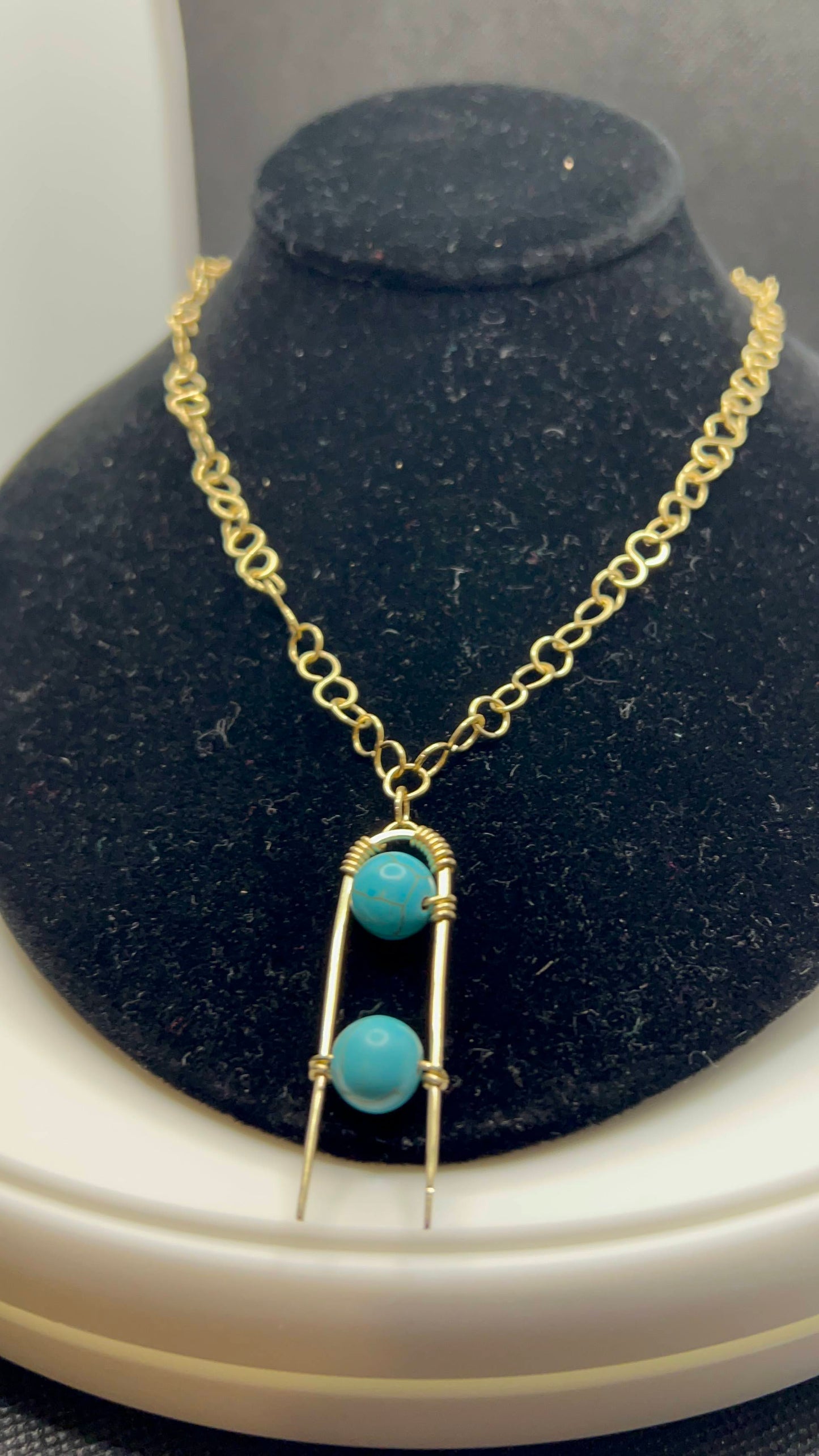 Handmade Brass Chain and Pendant with turquoise howlite 17in and earrings