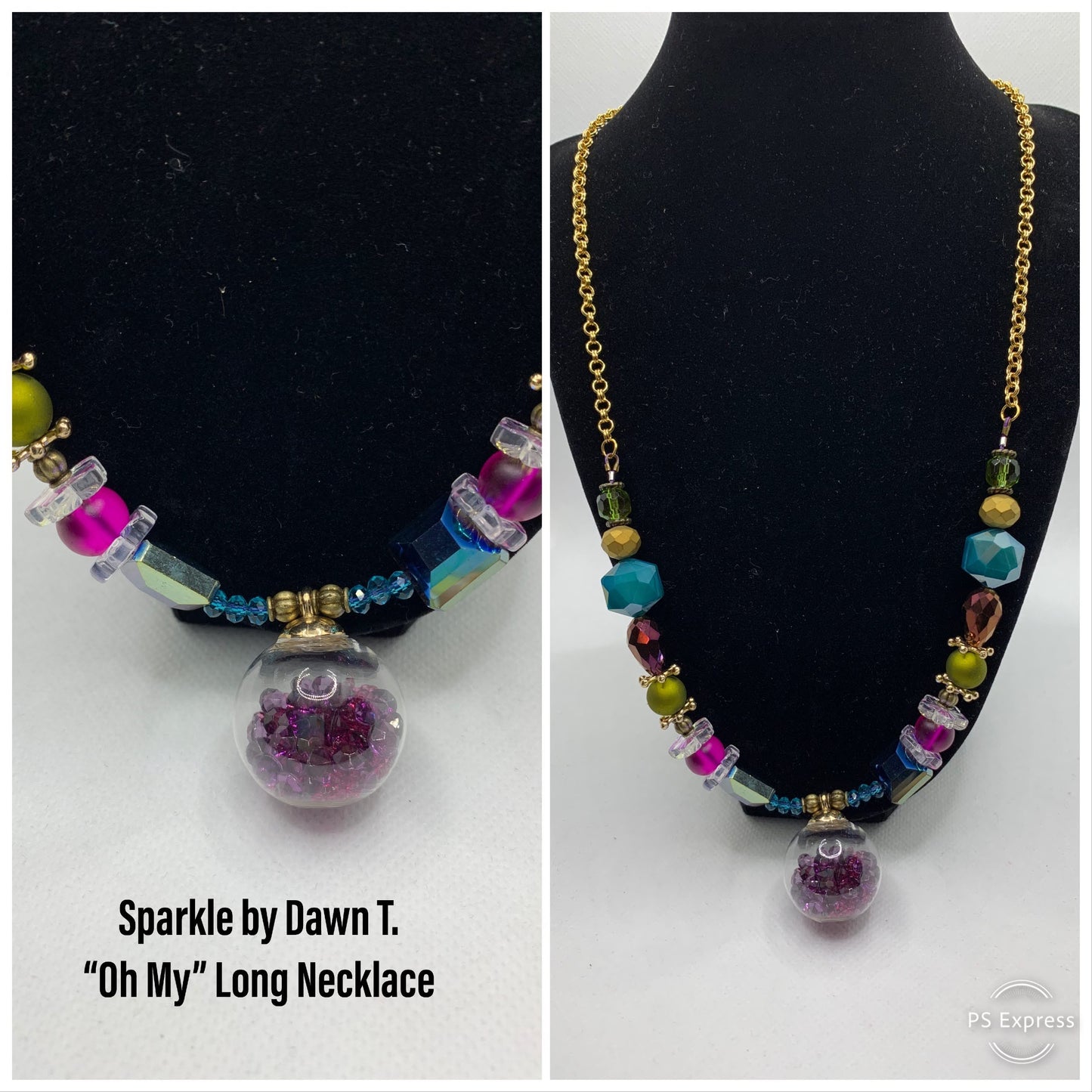 Gold, green, teal, purple and clear multi-shaped beads with crystal ball pendant Necklace