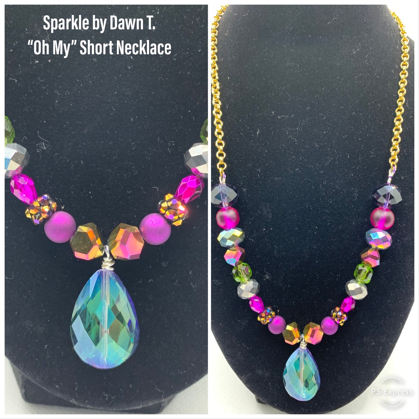 Gold, green, teal, purple and clear multi-shaped beads with large blue faceted teardrop pendant Necklace