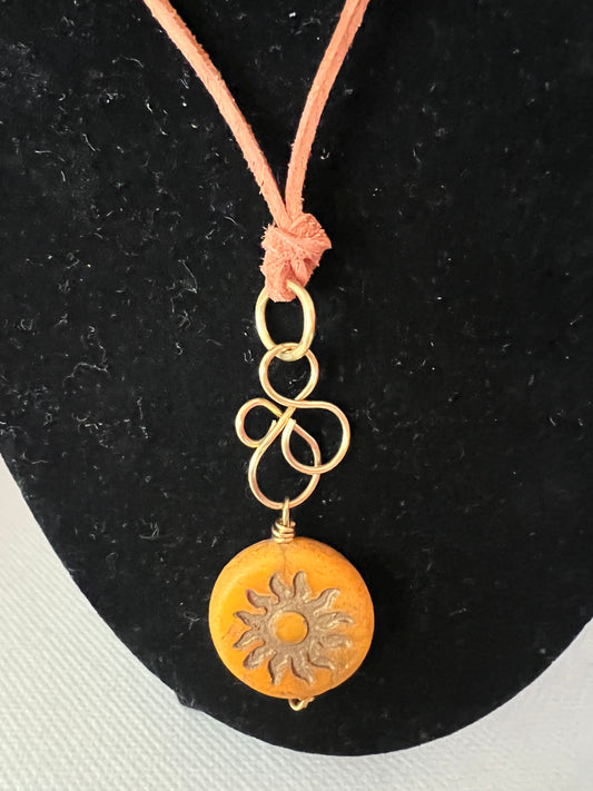 Orange Czech Glass, Sun Coin and Suede Necklace and Earrings