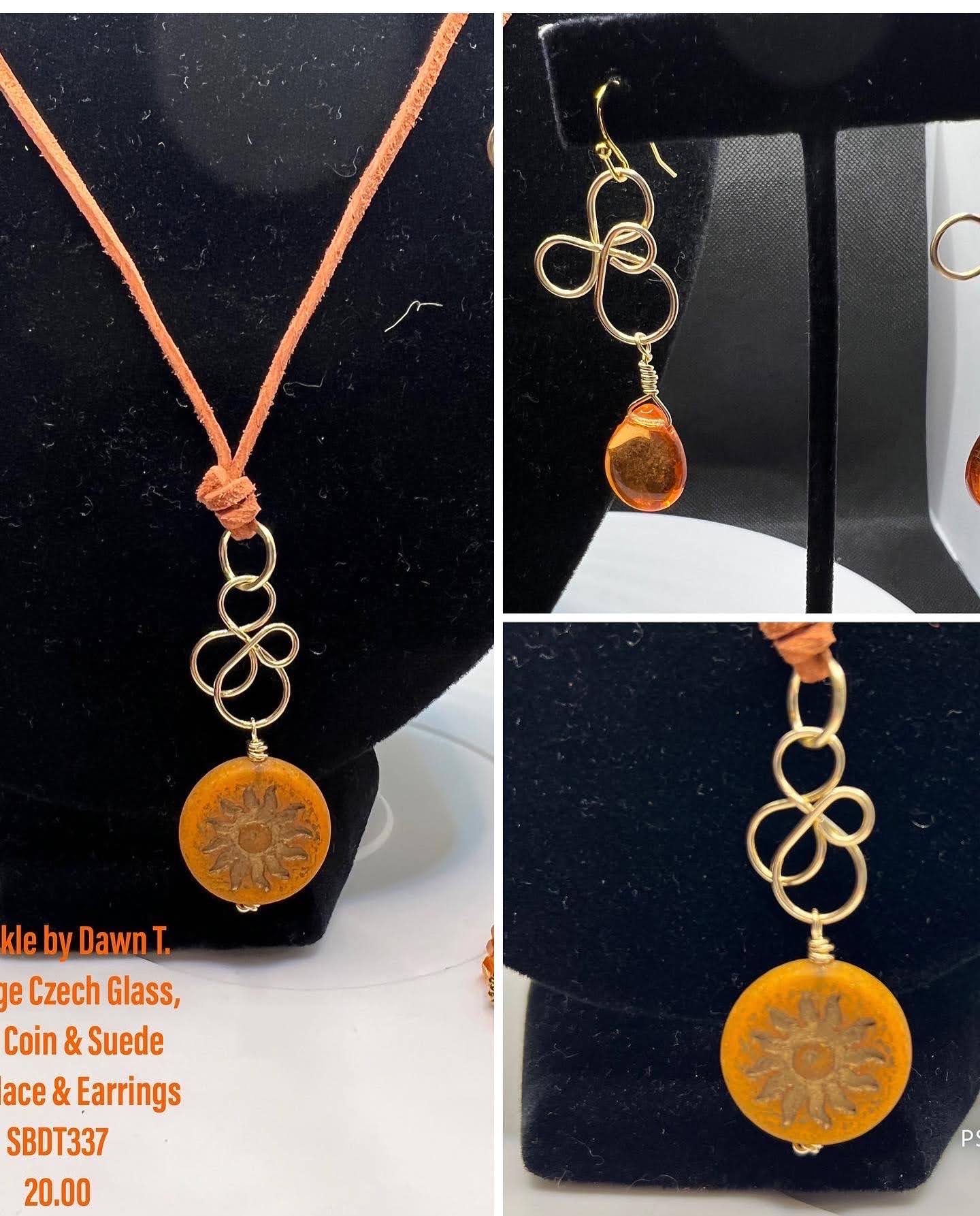 Orange Czech Glass, Sun Coin and Suede Necklace and Earrings