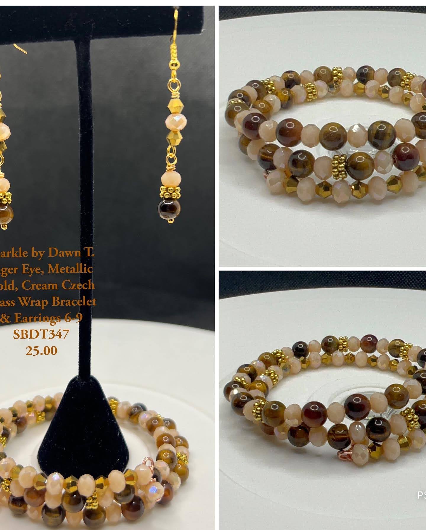 Tiger Eye, Metallic Gold and Cream Czech Glass Wrap Bracelet and Earrings