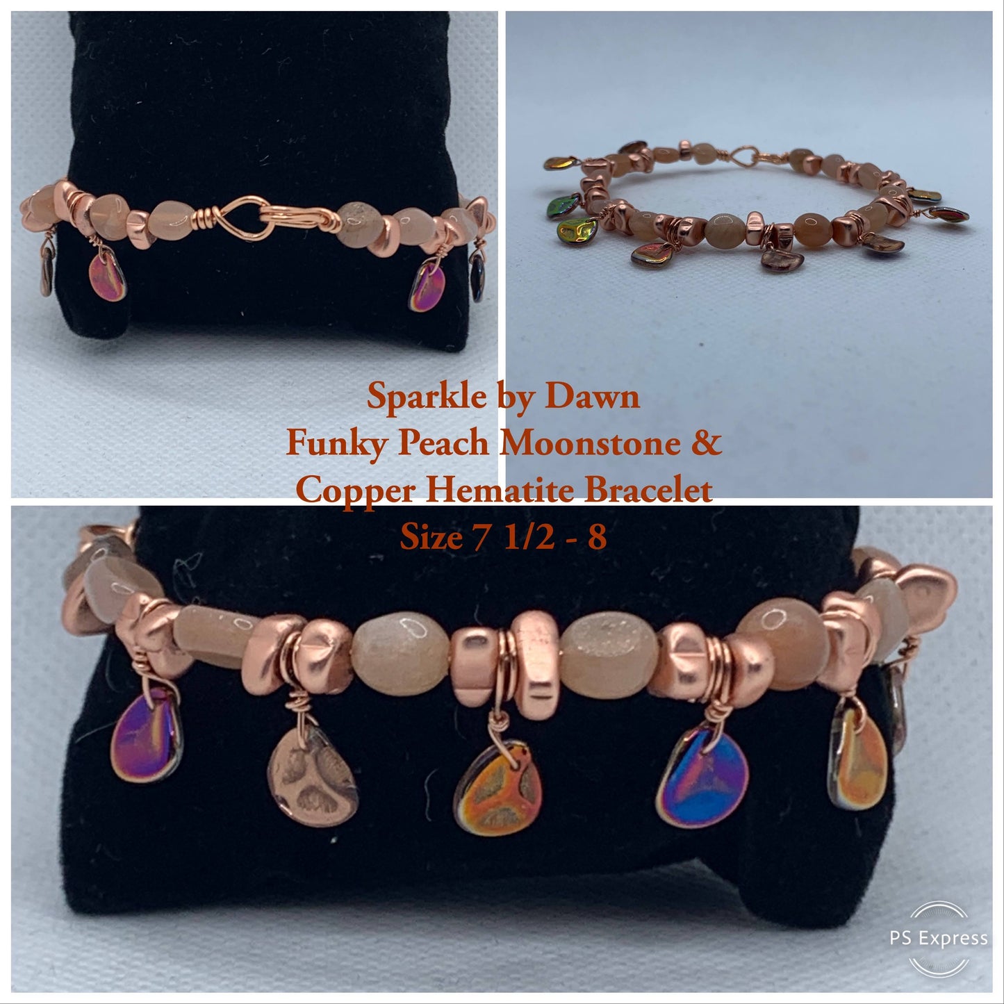 Funky Peach Moonstone and Copper Hematite Bracelet and matching earrings