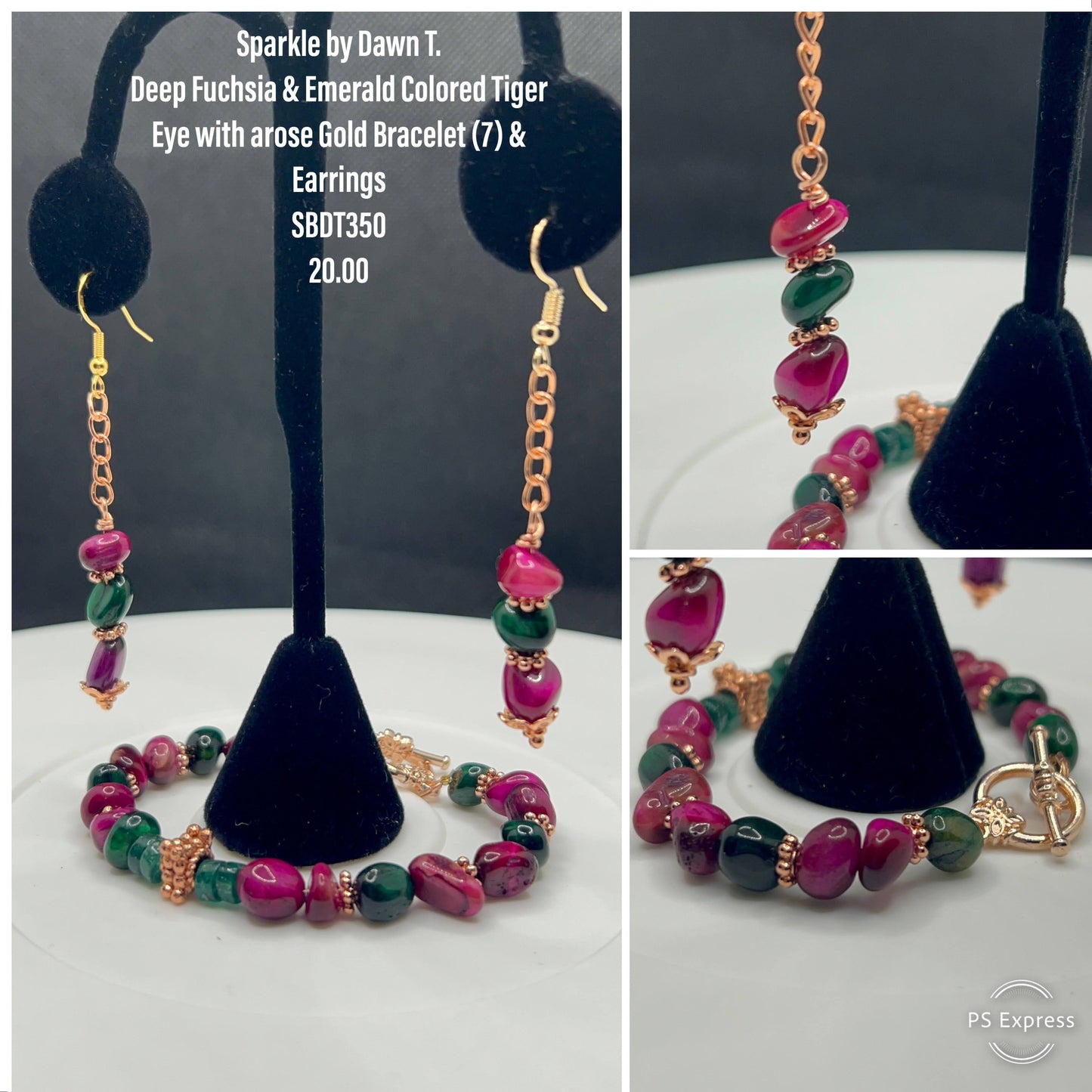 Deep Fuchsia and Emerald Colored Tiger Eye with Rose Gold Bracelet 7 and Earrings