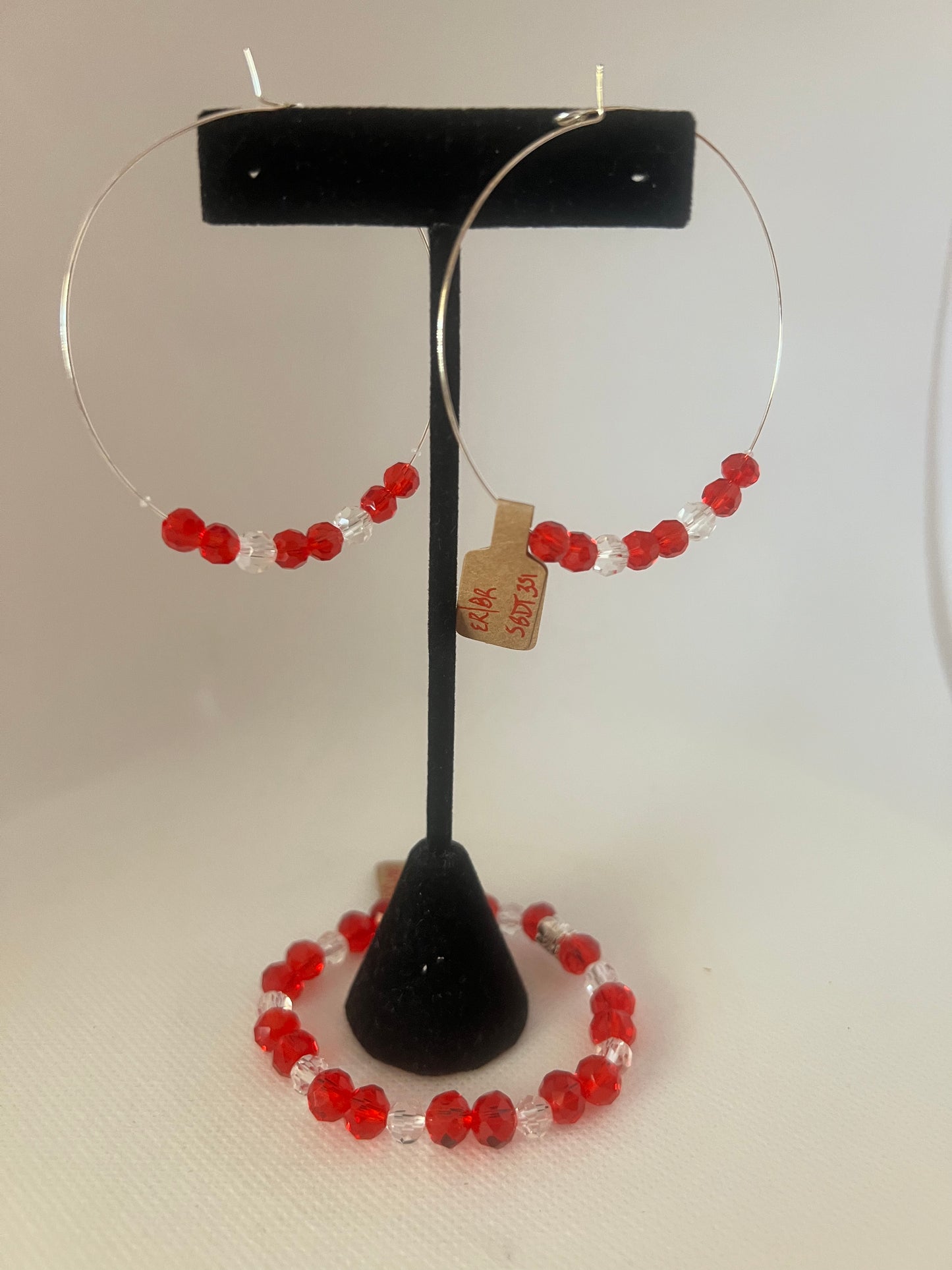 Red and Clear Crystal Stretch Bracelet and Hoop Earrings