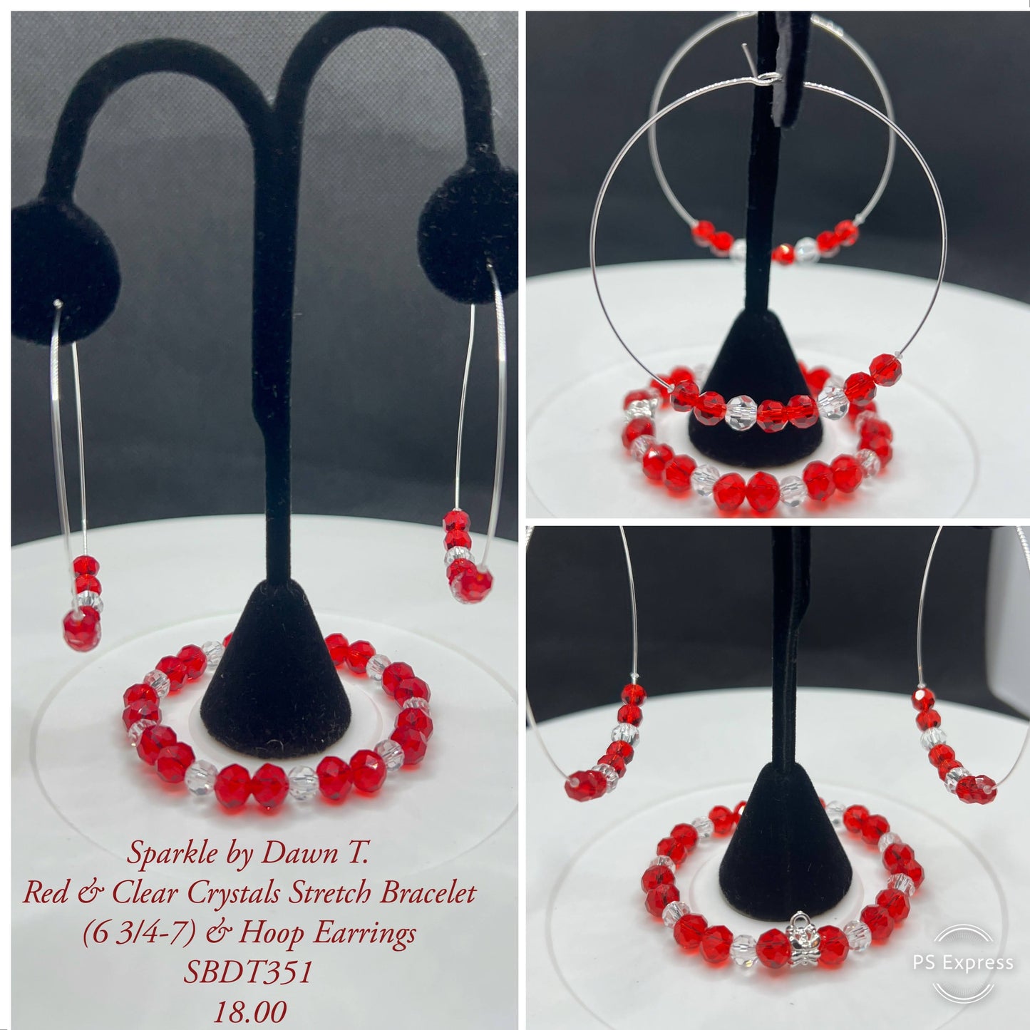 Red and Clear Crystal Stretch Bracelet and Hoop Earrings