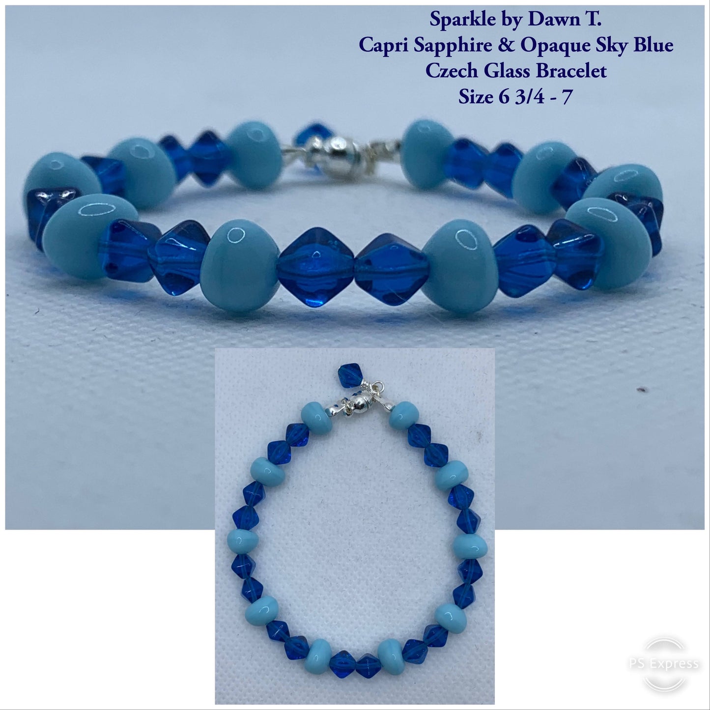 Capri Sapphire and Opaque Sky Blue Czech Glass Bracelet size and matching in Who Needs a Necklace and Earrings Set