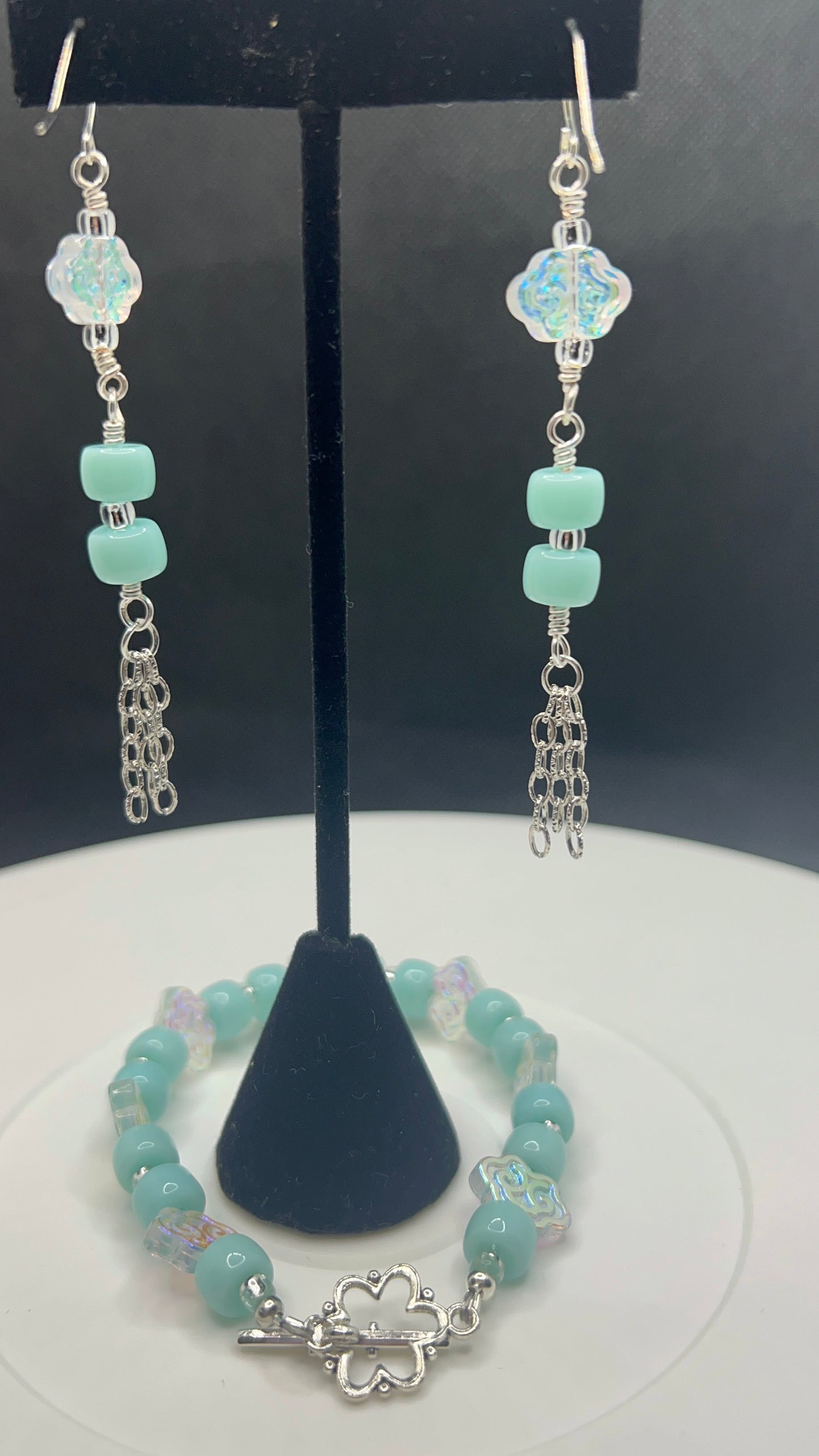 Carolina Blue and Silver Flower Bracelet and Dangle Earrings