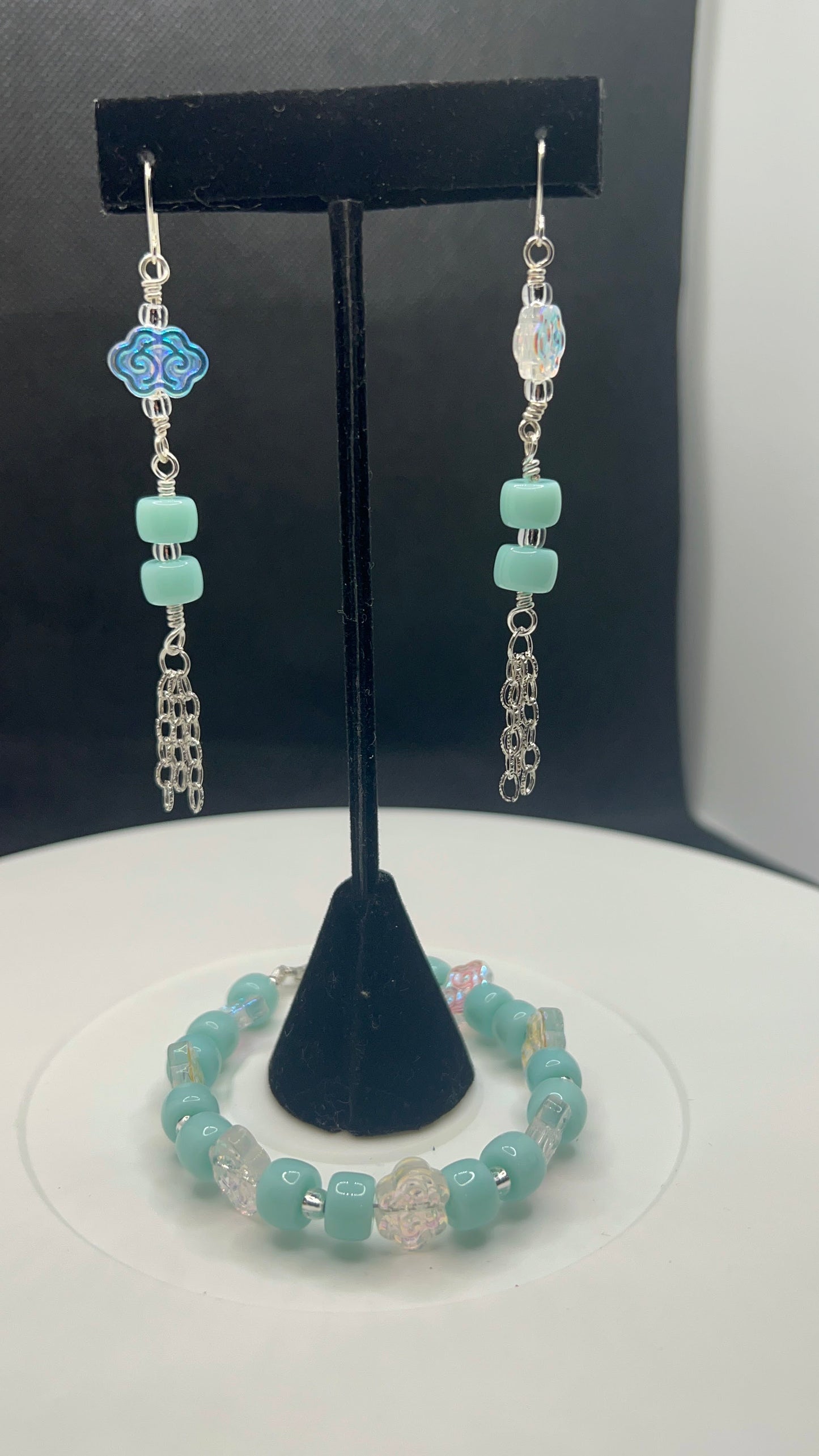 Carolina Blue and Silver Flower Bracelet and Dangle Earrings