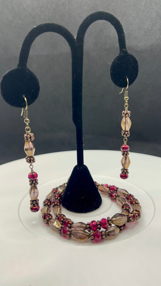 Fuschia_Copper and Bronze Luster Czech Glass Double-layered bracelet 7 and Earrings