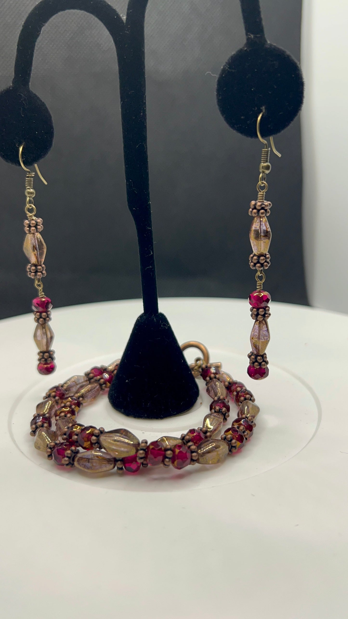 Fuschia_Copper and Bronze Luster Czech Glass Double-layered bracelet 7 and Earrings