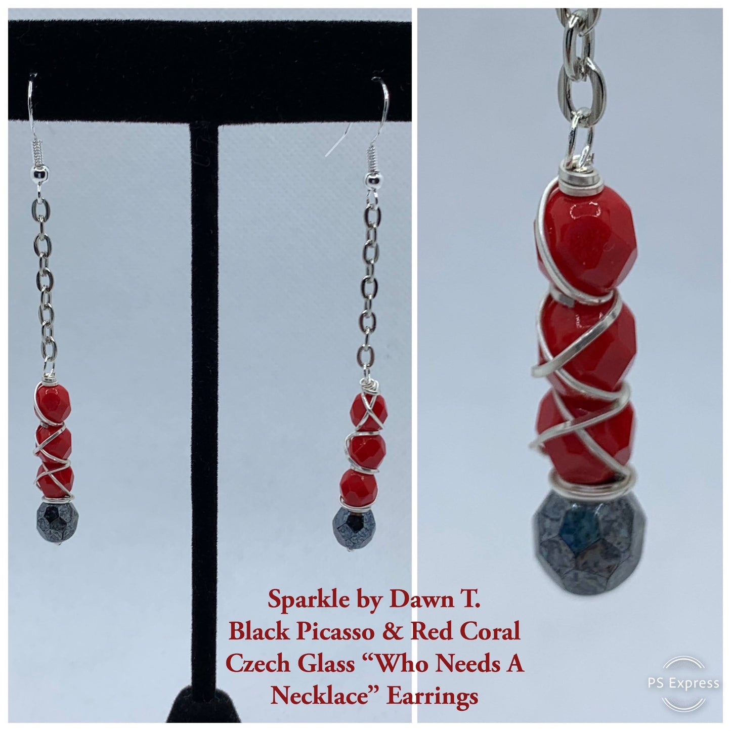 Black Picasso and Red Coral Czech Glass Bracelet with magnetic closure and matching "Who Needs a Necklace" in Earrings Set