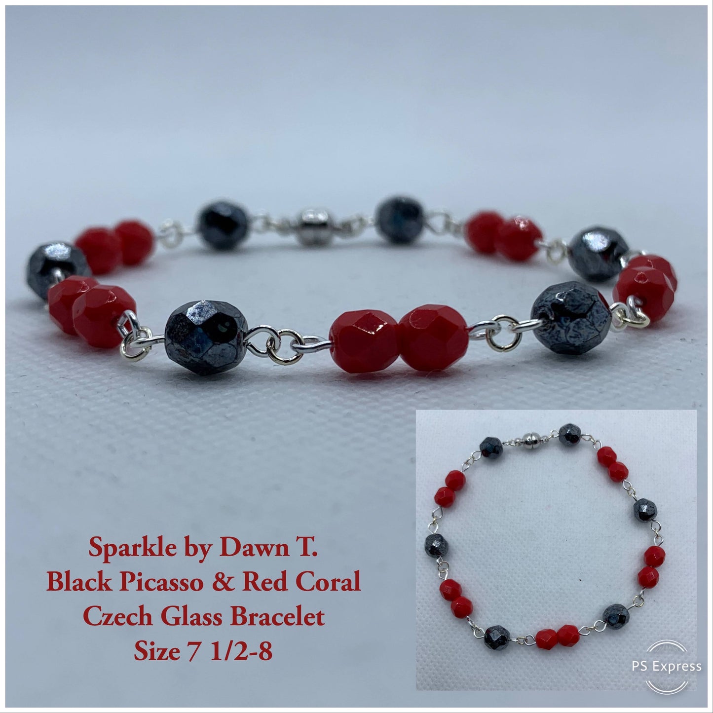 Black Picasso and Red Coral Czech Glass Bracelet with magnetic closure and matching "Who Needs a Necklace" in Earrings Set