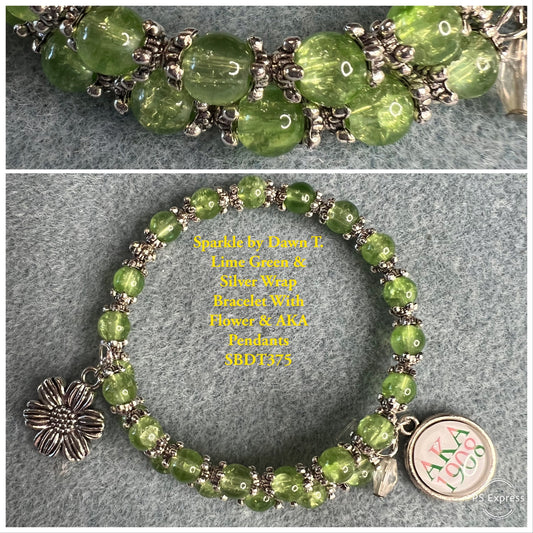 Lime Green Crackle Glass and Silver Wrap Bracelet with Flower and AKA pendants