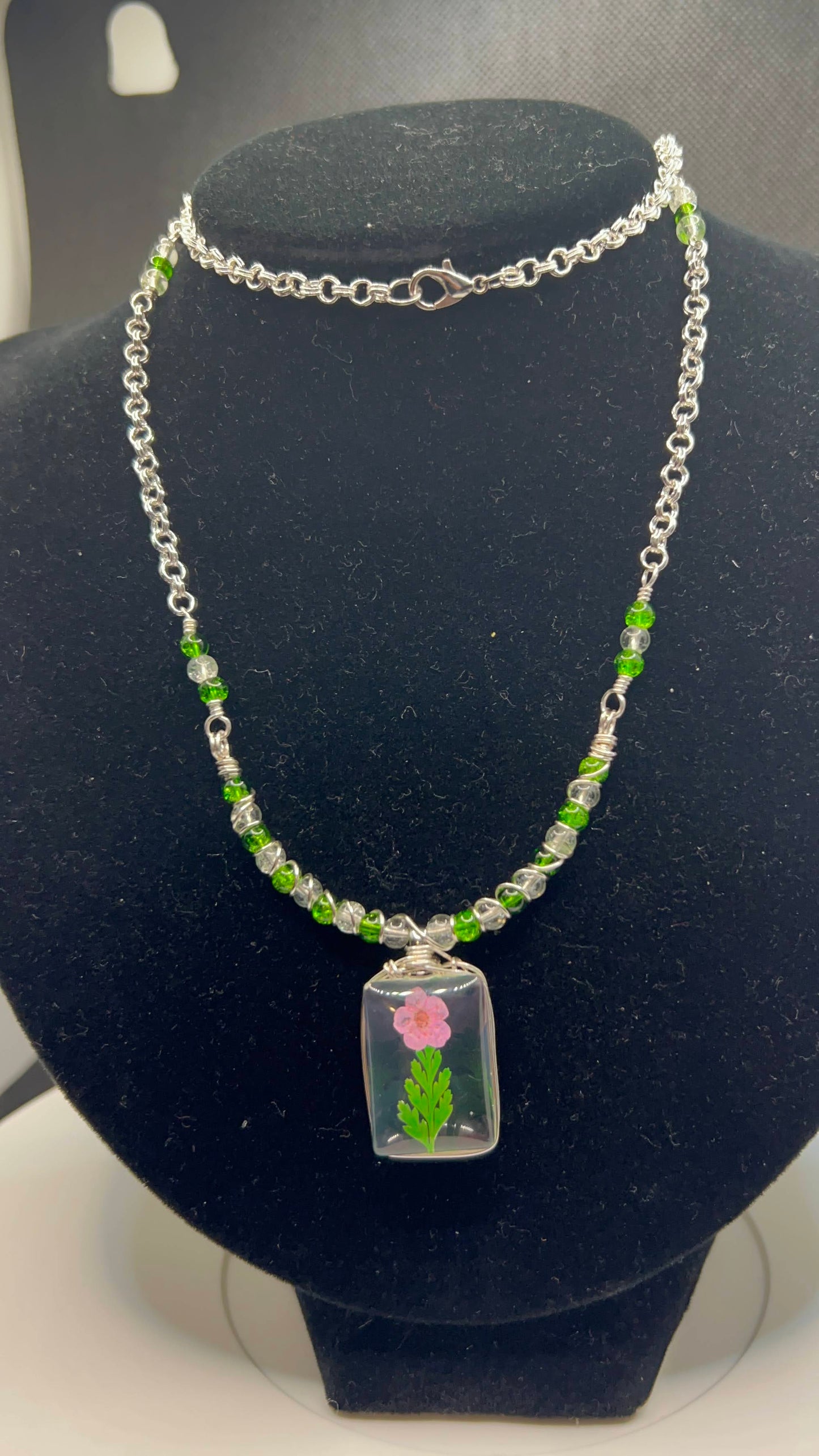 Pink and Green Flower with Green and Clear Beads Chain Necklace